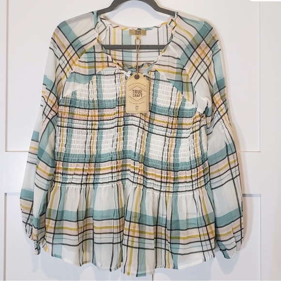 True Craft Tops - True Craft Plaid v neck peasant sheer Blouse - Green, Yellow, White
